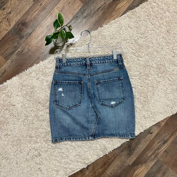 Kancan Edgy Distressed Destroyed Retro 90's Vibes Button Fly Denim Mini Skirt - Picture 2 of 5